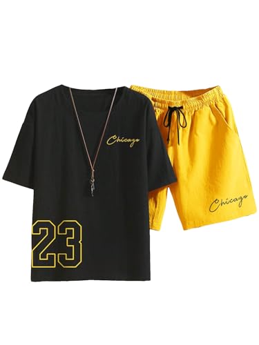 GORGLITTER Men's Casual 2 Piece Outfits Bear Graphic Print Tee and Drawstring Waist Track Shorts Set with Pockets