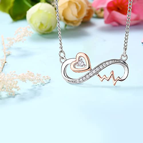 Forever Love Sterling Silver Infinity Heartbeat Necklace For Women - Anniversary Jewelry For Wife - Birthday Necklace For Girlfriend - RN Nurse Birthstone Pendant Necklace - Sentimental Gifts For Girlfriend