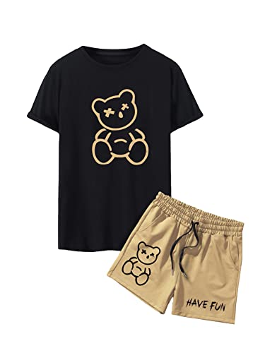 GORGLITTER Men's Casual 2 Piece Outfits Bear Graphic Print Tee and Drawstring Waist Track Shorts Set with Pockets