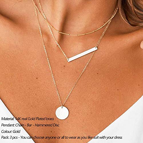 Turandoss Dainty Layered Choker Necklace, Handmade 14K Gold Plated Y Pendant Necklace Multilayer Bar Disc Necklace Adjustable Layering Choker Necklaces for Women