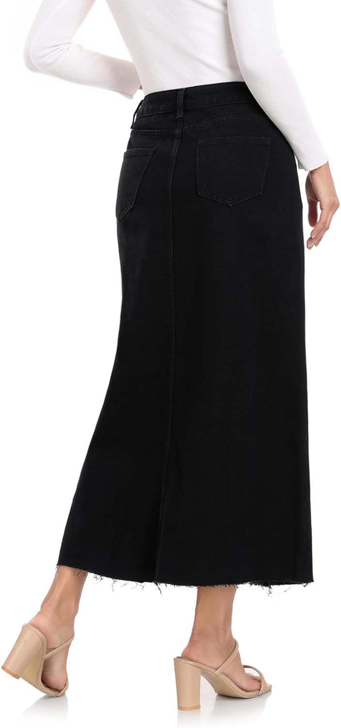 MISS MOLY Women's Maxi Long Denim Skirts High Waist Frayed Raw Hem Split A line Flare Jean Skirt with Pockets