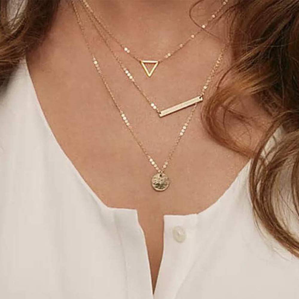 Turandoss Dainty Layered Choker Necklace, Handmade 14K Gold Plated Y Pendant Necklace Multilayer Bar Disc Necklace Adjustable Layering Choker Necklaces for Women