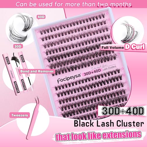 DIY Eyelash Extension Kit Volume Fluffy Lash Clusters Kit 10-18mm Thick Lash Extensions 90D Individual Eyelashes Extensions Kit with Lash Bond, Lash Remover, Lash Applicator (90D-D Curl-200Pcs)