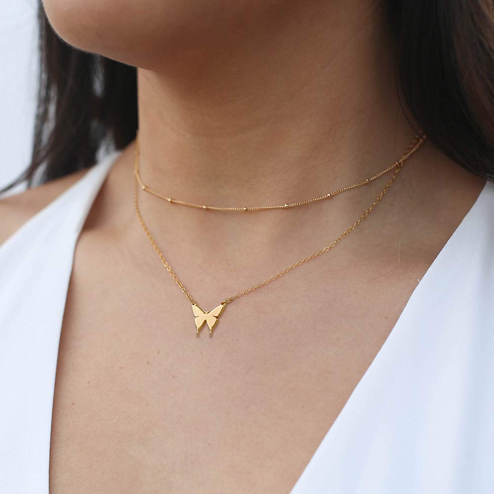 Turandoss Dainty Layered Choker Necklace, Handmade 14K Gold Plated Y Pendant Necklace Multilayer Bar Disc Necklace Adjustable Layering Choker Necklaces for Women