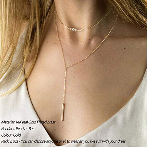 Turandoss Dainty Layered Choker Necklace, Handmade 14K Gold Plated Y Pendant Necklace Multilayer Bar Disc Necklace Adjustable Layering Choker Necklaces for Women