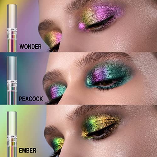 Jolilab Metallic Liquid Chameleon Eyeshadow, Multi-Dimensional Eye Looks, Long-lasting Holographic Glitter Multichrome Eyeshadows Makeup (#Peacock+Wonder+Ember)