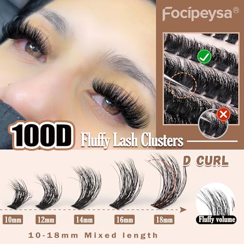 DIY Eyelash Extension Kit Volume Fluffy Lash Clusters Kit 10-18mm Thick Lash Extensions 90D Individual Eyelashes Extensions Kit with Lash Bond, Lash Remover, Lash Applicator (90D-D Curl-200Pcs)