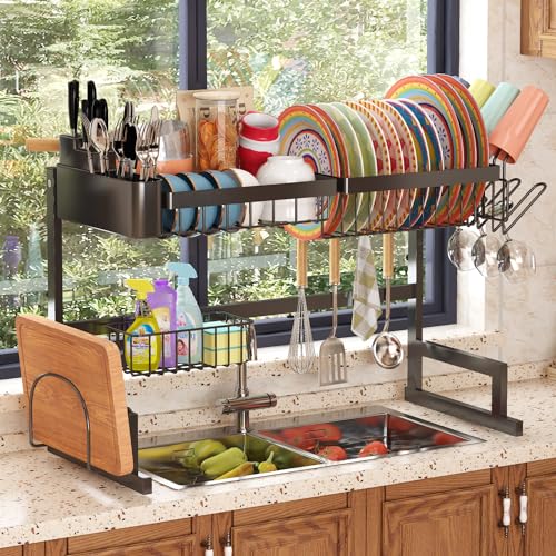 Over Sink Dish Drying Rack (Expandable Height/Length) Snap-On Design Large Dish Drainer Stainless Steel Storage Counter Organizer (24" - 35.5"(L) x 12"(W) x 19" - 22"(H))