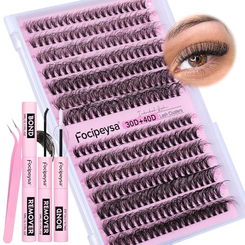 DIY Eyelash Extension Kit Volume Fluffy Lash Clusters Kit 10-18mm Thick Lash Extensions 90D Individual Eyelashes Extensions Kit with Lash Bond, Lash Remover, Lash Applicator (90D-D Curl-200Pcs)