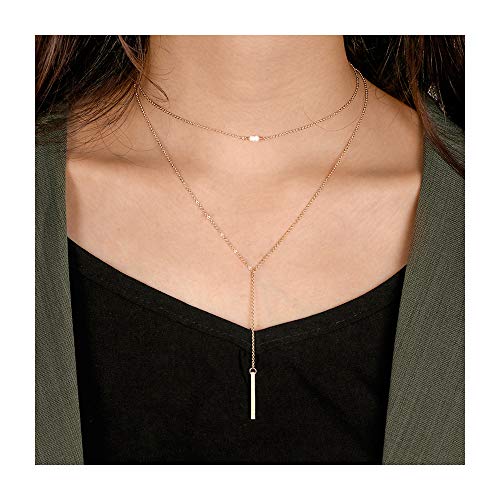 Turandoss Dainty Layered Choker Necklace, Handmade 14K Gold Plated Y Pendant Necklace Multilayer Bar Disc Necklace Adjustable Layering Choker Necklaces for Women