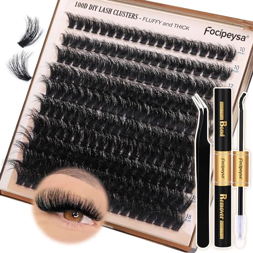 DIY Eyelash Extension Kit Volume Fluffy Lash Clusters Kit 10-18mm Thick Lash Extensions 90D Individual Eyelashes Extensions Kit with Lash Bond, Lash Remover, Lash Applicator (90D-D Curl-200Pcs)