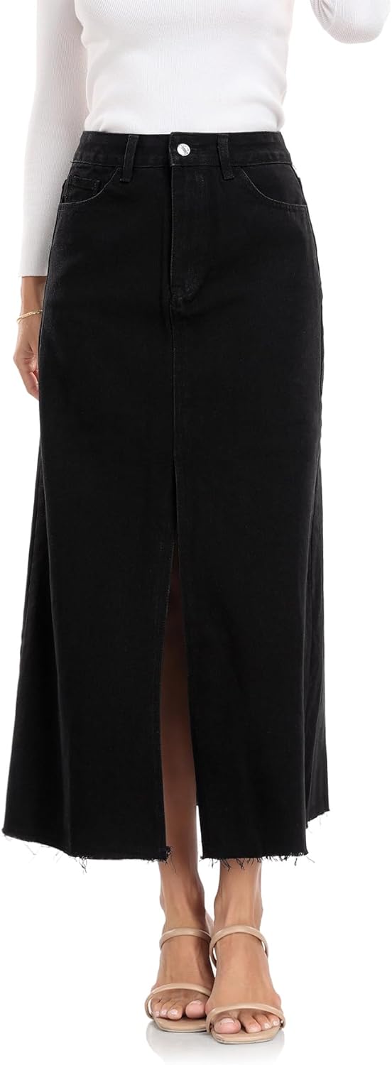 MISS MOLY Women's Maxi Long Denim Skirts High Waist Frayed Raw Hem Split A line Flare Jean Skirt with Pockets