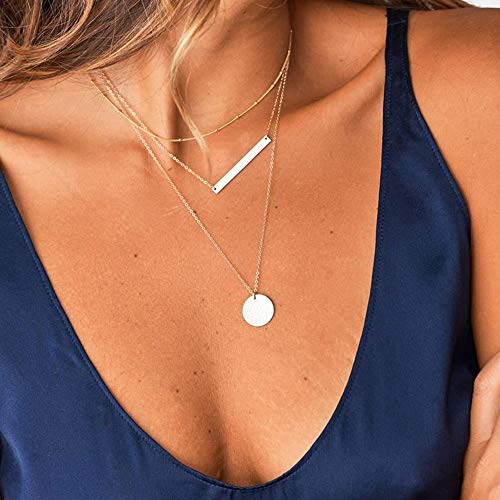 Turandoss Dainty Layered Choker Necklace, Handmade 14K Gold Plated Y Pendant Necklace Multilayer Bar Disc Necklace Adjustable Layering Choker Necklaces for Women