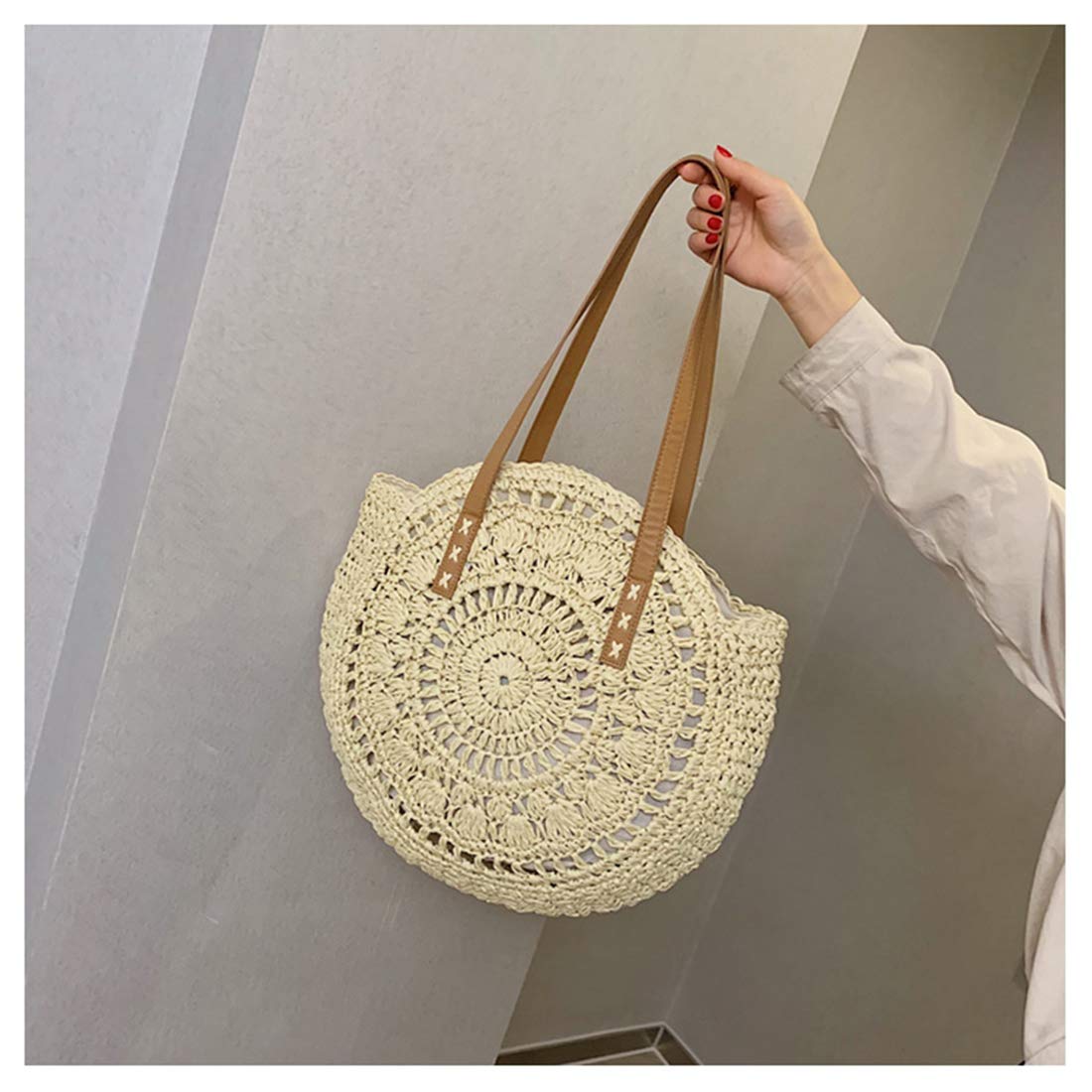 Straw Handbags Women Handwoven Round Corn Straw Bags Natural Chic Hand Large Summer Beach Tote Woven Handle Shoulder Bag