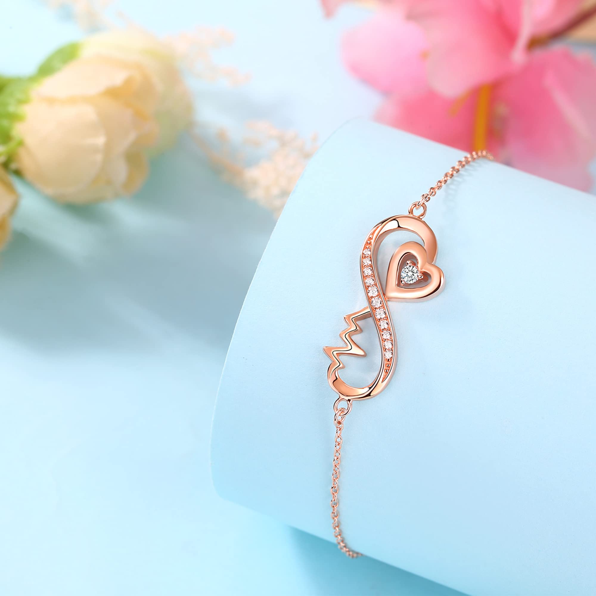 Forever Love Sterling Silver Infinity Heartbeat Necklace For Women - Anniversary Jewelry For Wife - Birthday Necklace For Girlfriend - RN Nurse Birthstone Pendant Necklace - Sentimental Gifts For Girlfriend