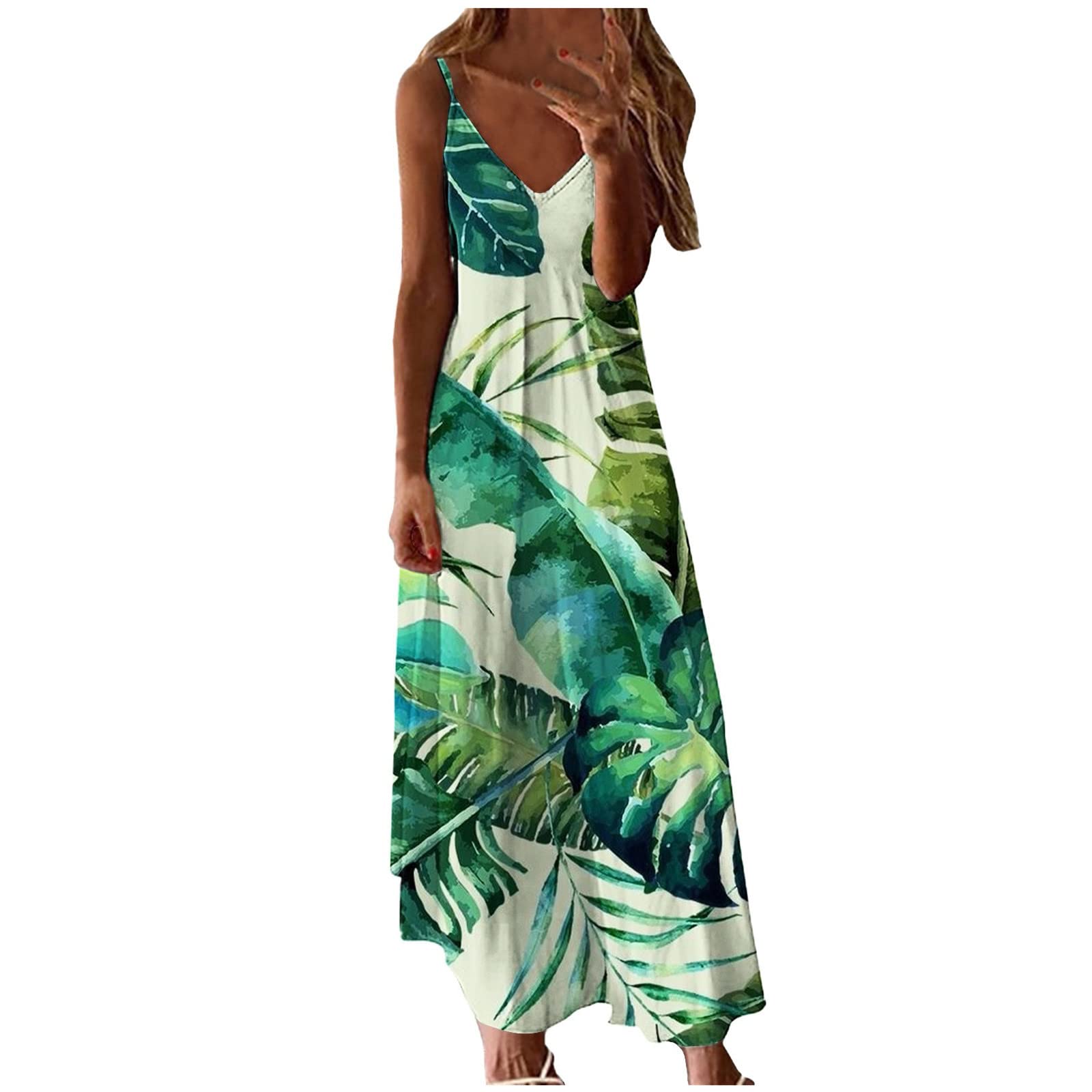 Off Shoulder Dresses for Women Fashion Print Maxi Dress V Neck Sleeveless Summer Long Dress Casual Loose Sundress