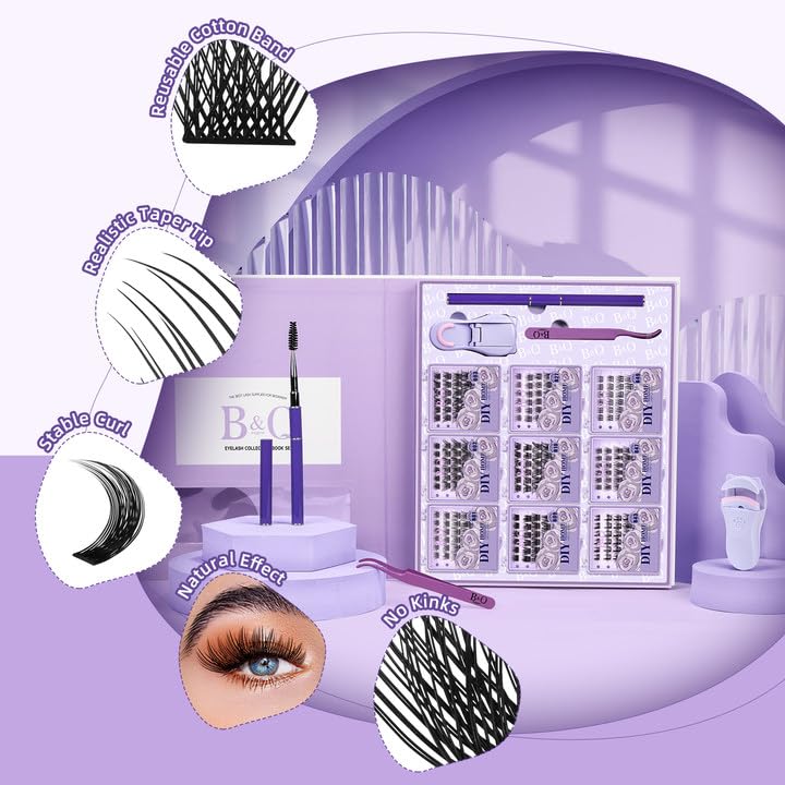 DIY Lash Extension Kit Individual Eyelash Extension Kit B&Q D Curl Cluster Lashes Individual Eyelashes with Lash Bond and Seal, Lash Applicator Tool DIY Lash Extensions at Home (Kit,40D-0.07D-8-18mix)