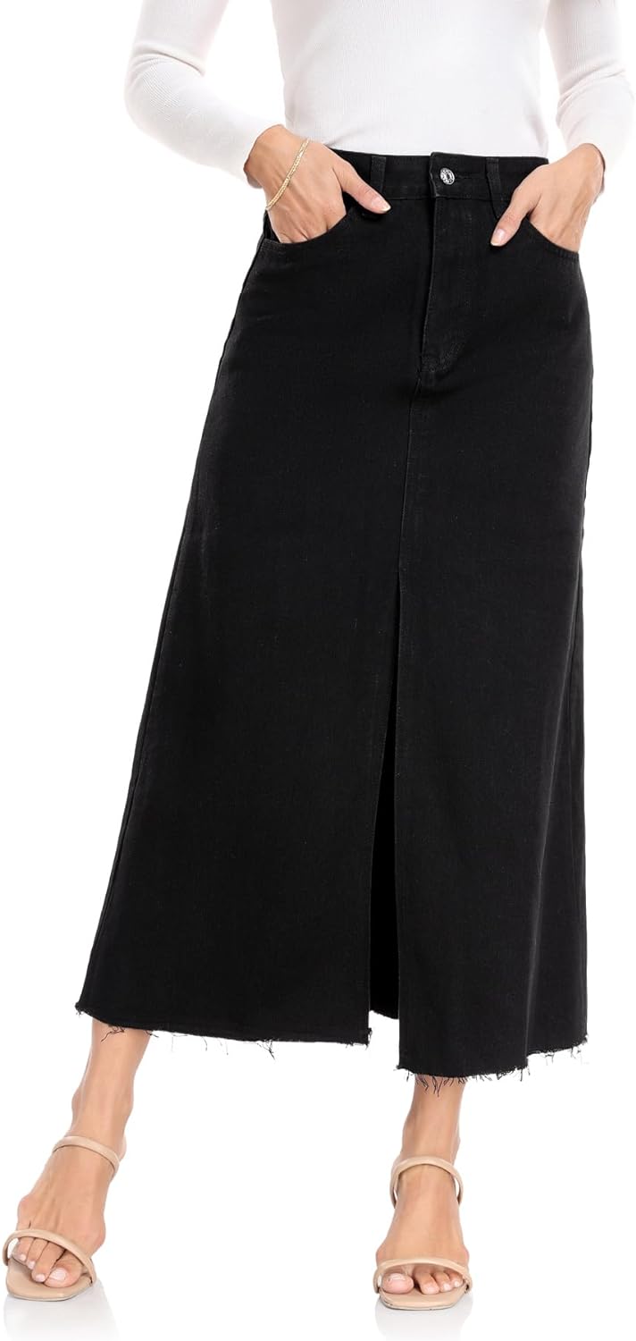 MISS MOLY Women's Maxi Long Denim Skirts High Waist Frayed Raw Hem Split A line Flare Jean Skirt with Pockets