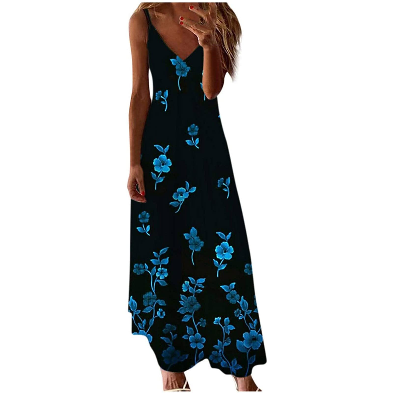 Off Shoulder Dresses for Women Fashion Print Maxi Dress V Neck Sleeveless Summer Long Dress Casual Loose Sundress