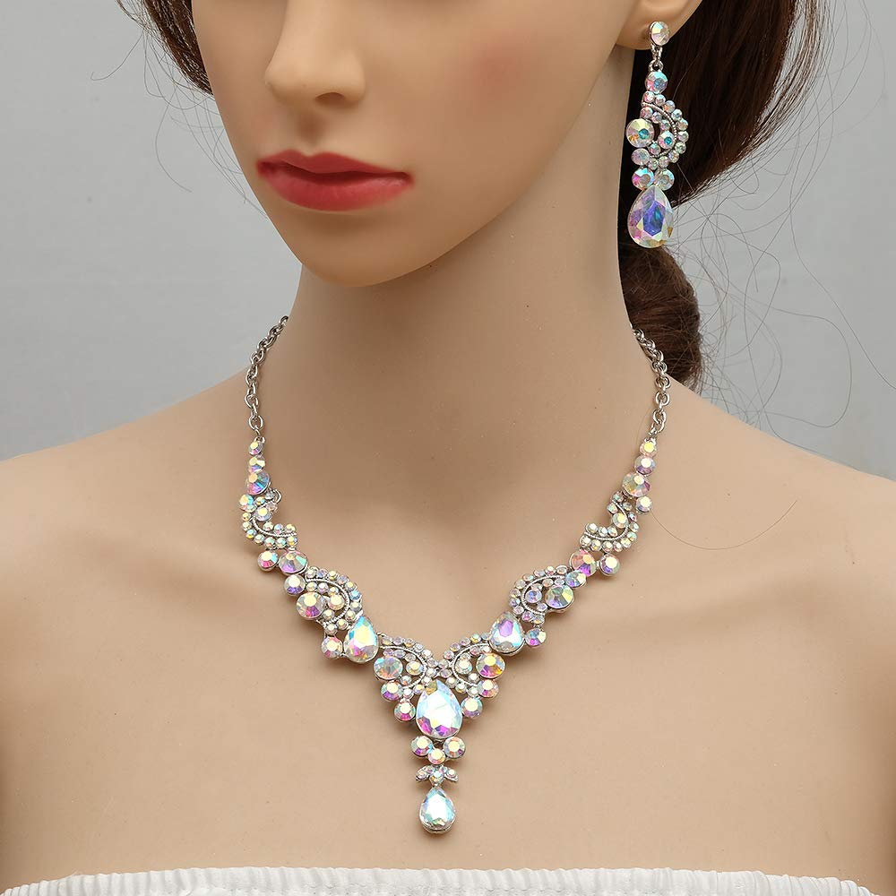 CSY Elegant Crystal Necklace Earrings Bracelet Ring Bridal Wedding Party Costume Jewelry Sets for Brides Women