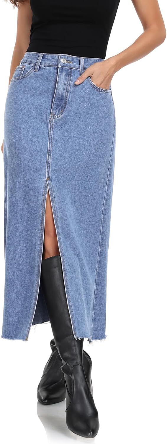 MISS MOLY Women's Maxi Long Denim Skirts High Waist Frayed Raw Hem Split A line Flare Jean Skirt with Pockets