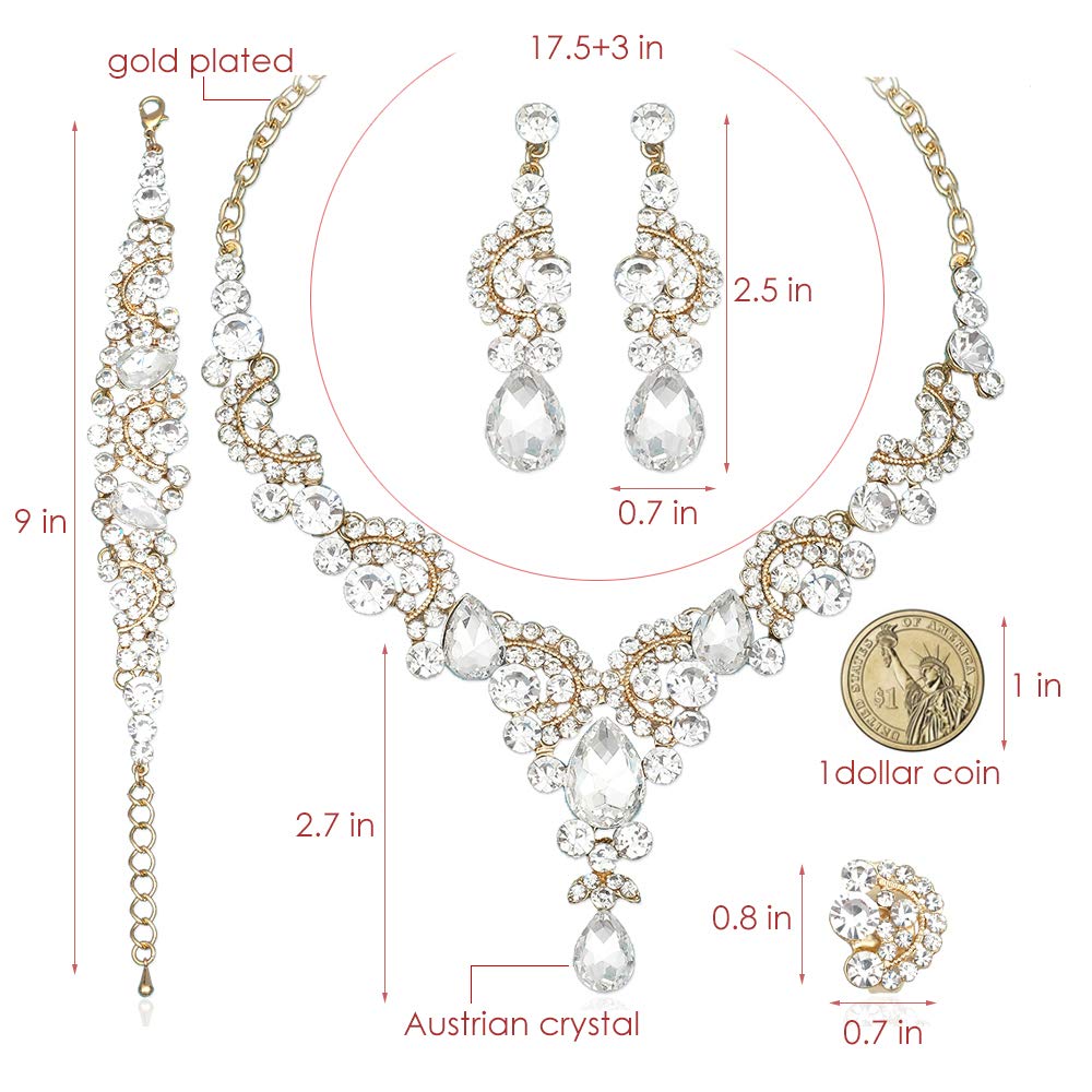 CSY Elegant Crystal Necklace Earrings Bracelet Ring Bridal Wedding Party Costume Jewelry Sets for Brides Women