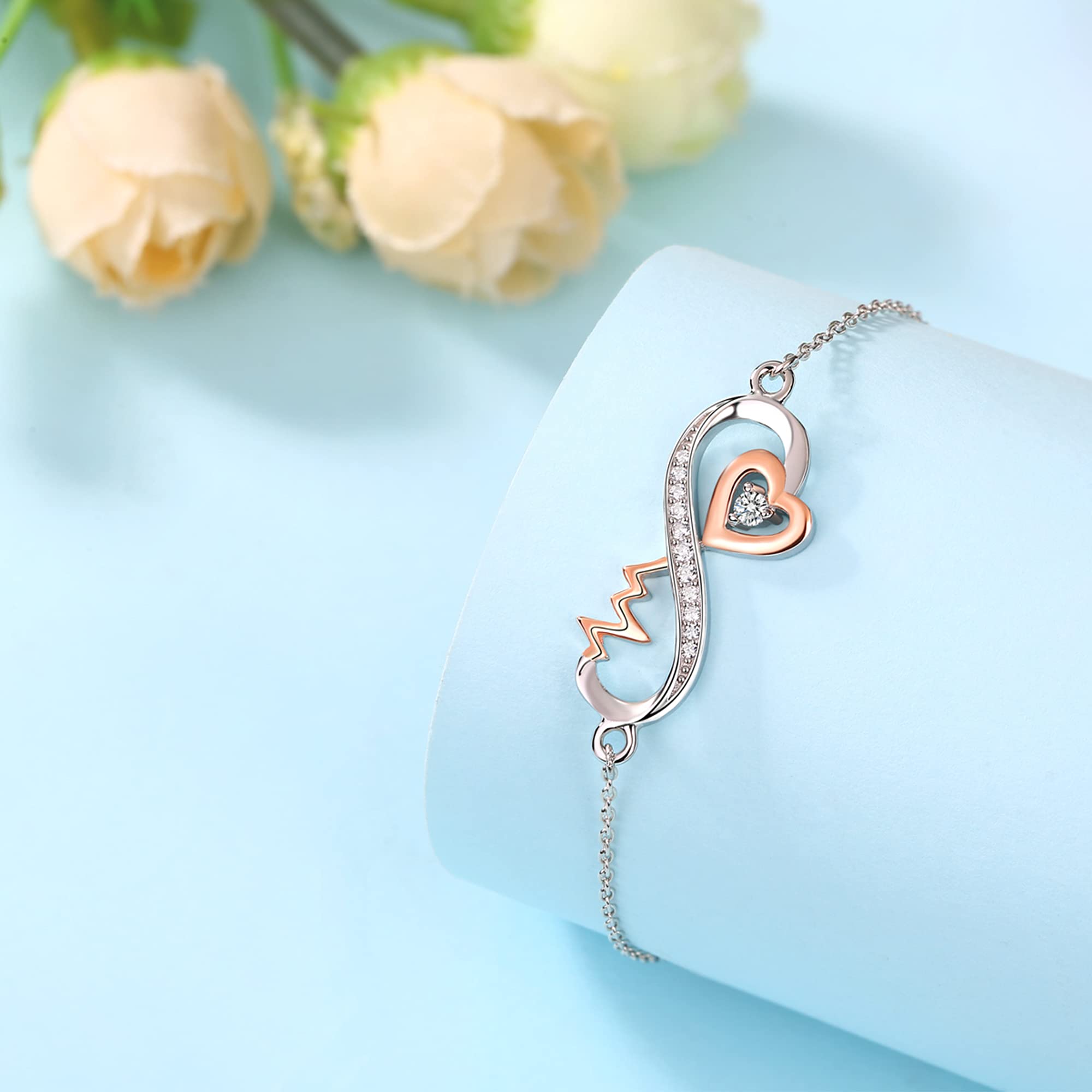 Forever Love Sterling Silver Infinity Heartbeat Necklace For Women - Anniversary Jewelry For Wife - Birthday Necklace For Girlfriend - RN Nurse Birthstone Pendant Necklace - Sentimental Gifts For Girlfriend