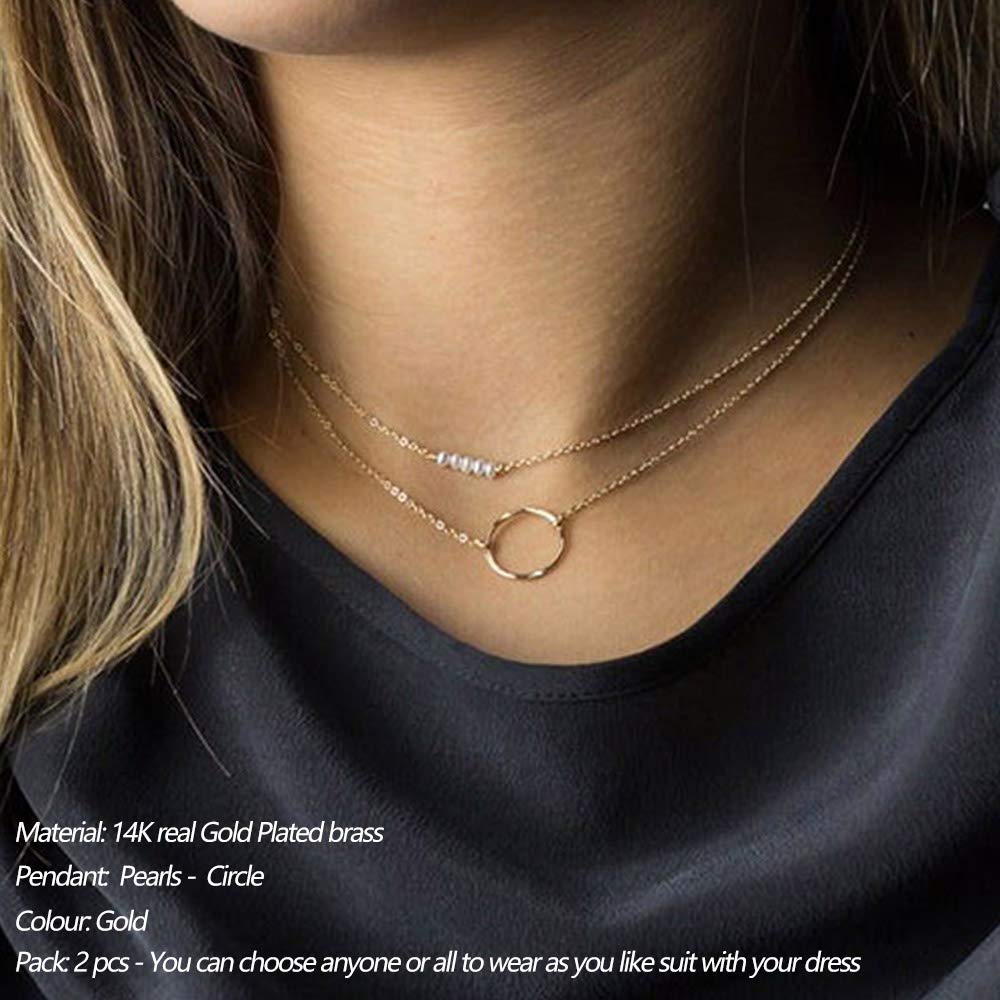 Turandoss Dainty Layered Choker Necklace, Handmade 14K Gold Plated Y Pendant Necklace Multilayer Bar Disc Necklace Adjustable Layering Choker Necklaces for Women