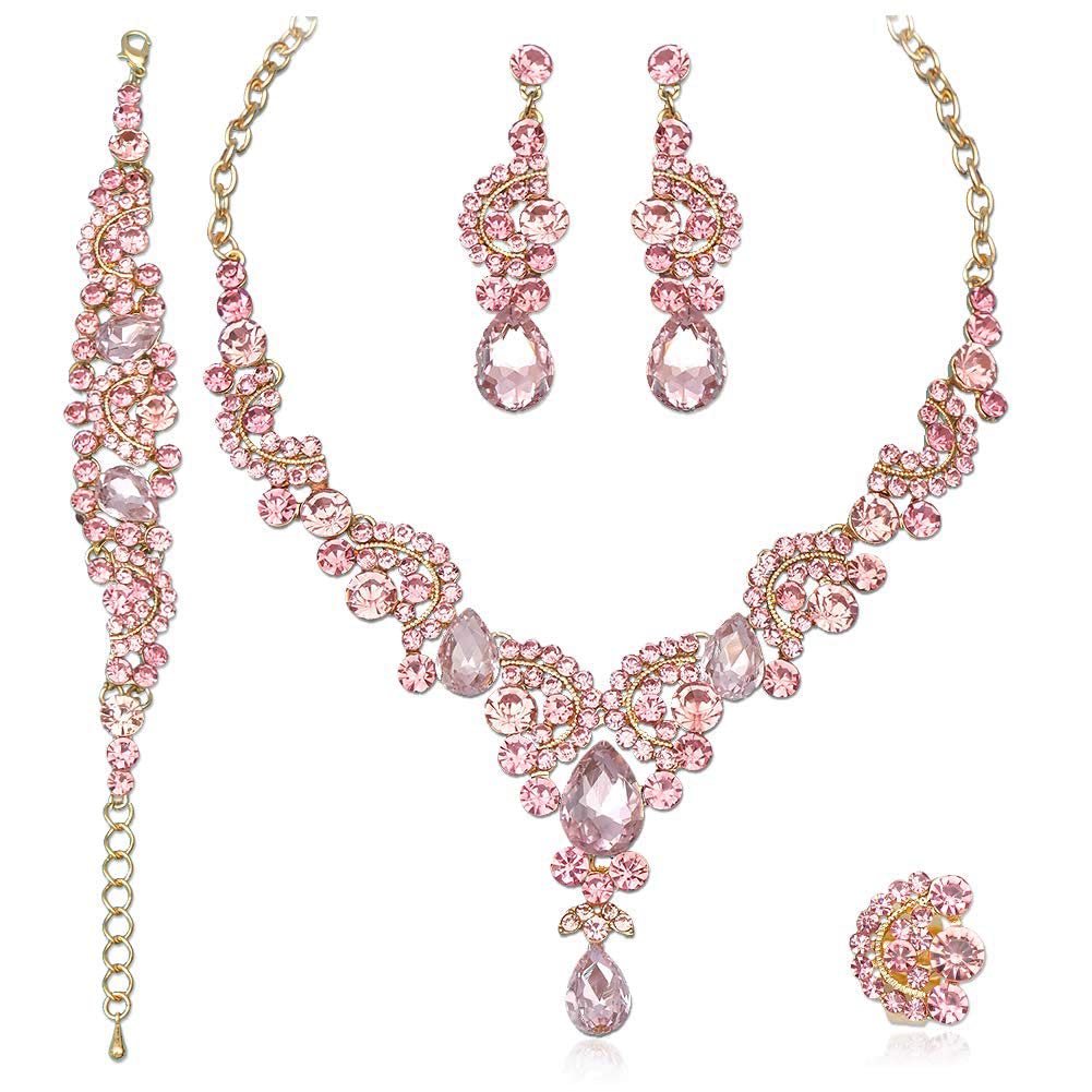 CSY Elegant Crystal Necklace Earrings Bracelet Ring Bridal Wedding Party Costume Jewelry Sets for Brides Women