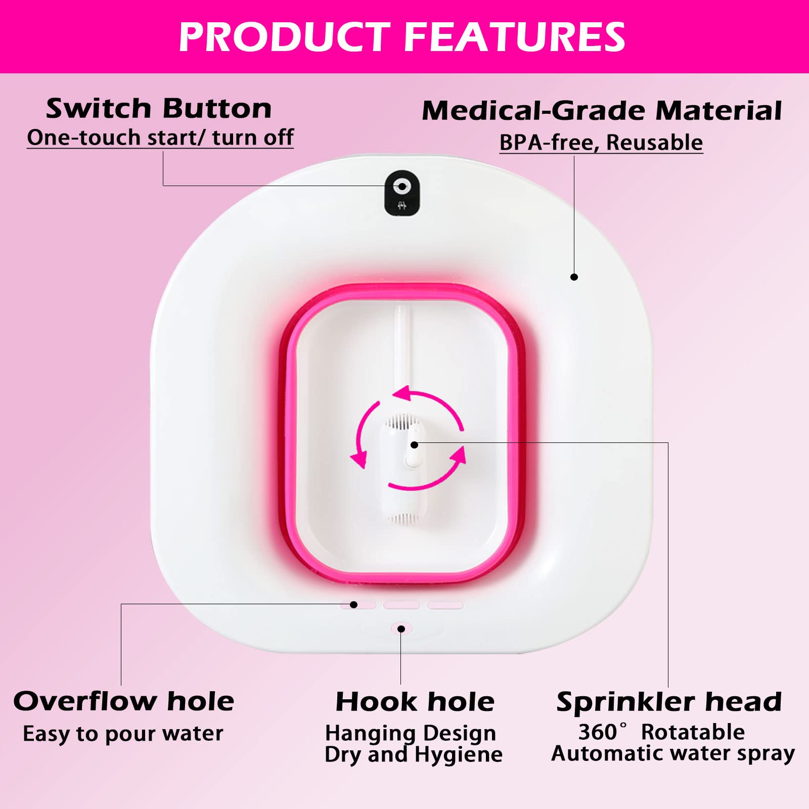 Sitz Bath, Electric Sitz Bath for Hemorrhoids, Sitz Bath for Toilet Seat, Postpartum Care Pan for Women, Yoni Hip Bath Basin, Sits Bath Soak Salts Tub, Vaginal Wash Bowl, Foldable, Pink