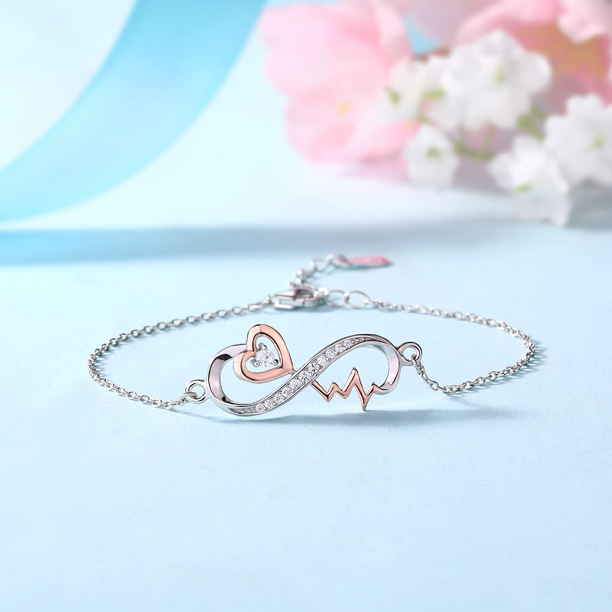 Forever Love Sterling Silver Infinity Heartbeat Necklace For Women - Anniversary Jewelry For Wife - Birthday Necklace For Girlfriend - RN Nurse Birthstone Pendant Necklace - Sentimental Gifts For Girlfriend