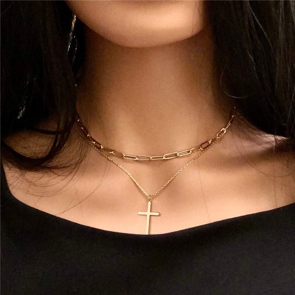 Turandoss Dainty Layered Choker Necklace, Handmade 14K Gold Plated Y Pendant Necklace Multilayer Bar Disc Necklace Adjustable Layering Choker Necklaces for Women