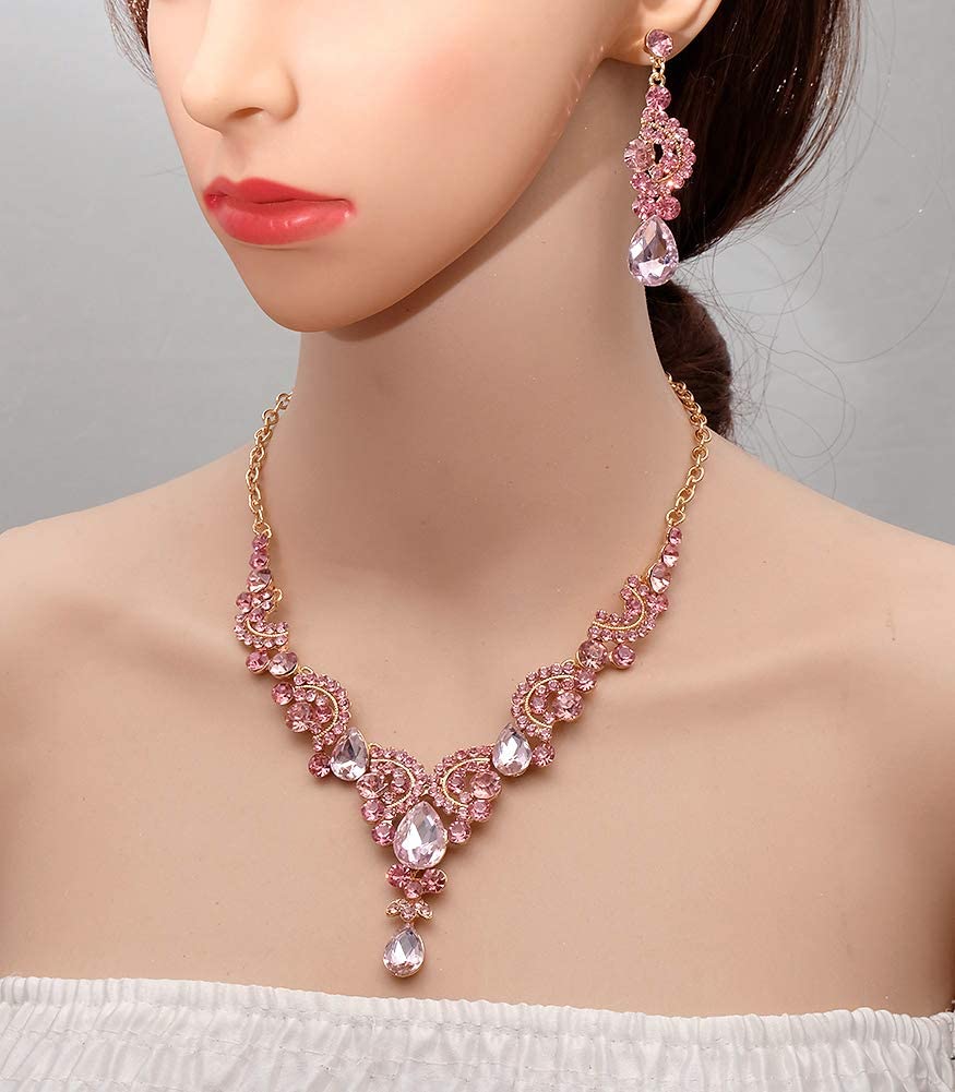 CSY Elegant Crystal Necklace Earrings Bracelet Ring Bridal Wedding Party Costume Jewelry Sets for Brides Women