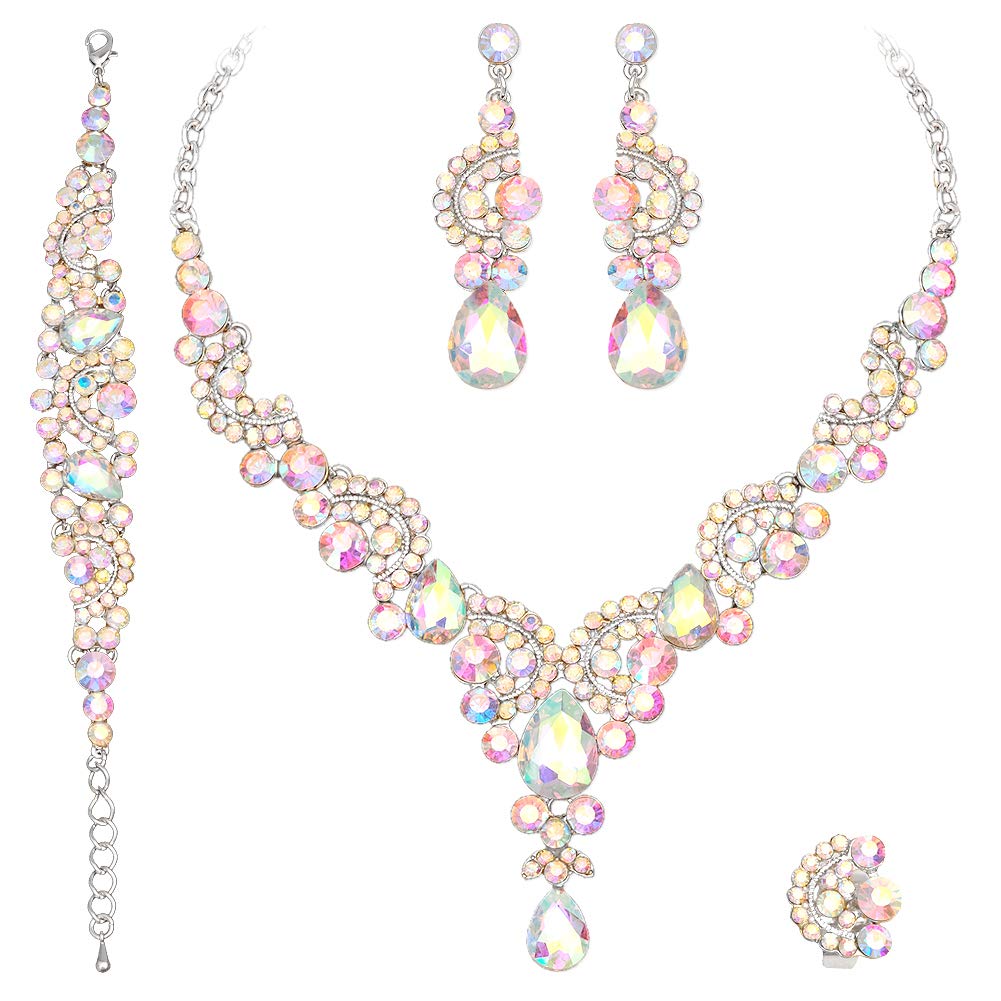 CSY Elegant Crystal Necklace Earrings Bracelet Ring Bridal Wedding Party Costume Jewelry Sets for Brides Women