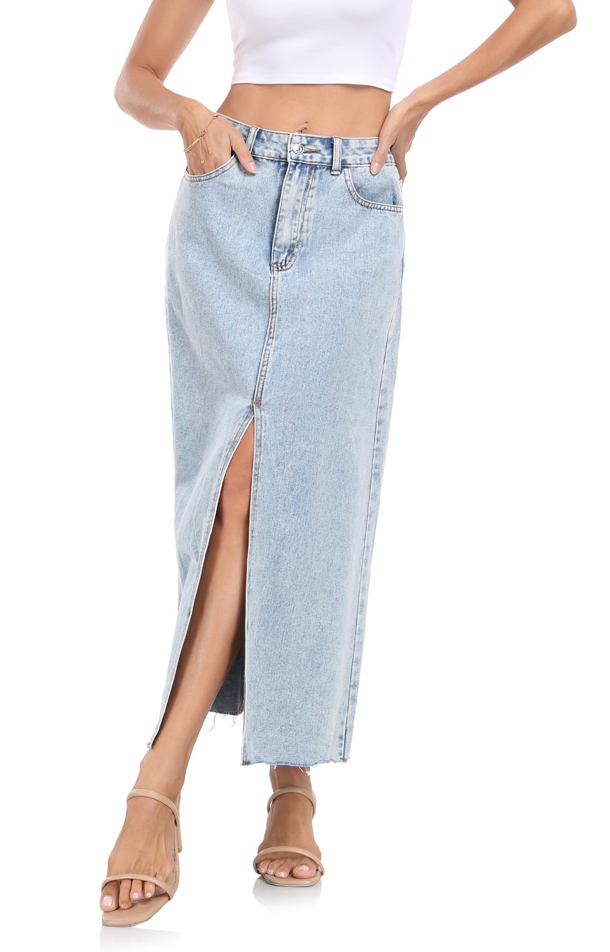 MISS MOLY Women's Maxi Long Denim Skirts High Waist Frayed Raw Hem Split A line Flare Jean Skirt with Pockets