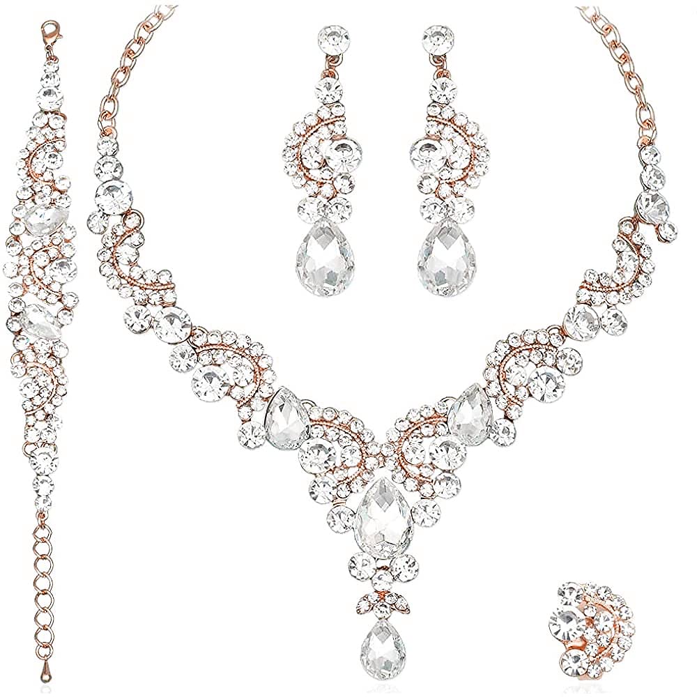 CSY Elegant Crystal Necklace Earrings Bracelet Ring Bridal Wedding Party Costume Jewelry Sets for Brides Women