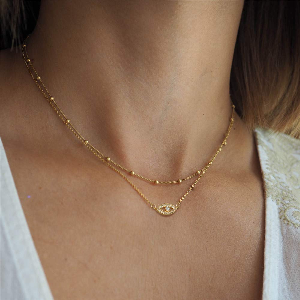 Turandoss Dainty Layered Choker Necklace, Handmade 14K Gold Plated Y Pendant Necklace Multilayer Bar Disc Necklace Adjustable Layering Choker Necklaces for Women