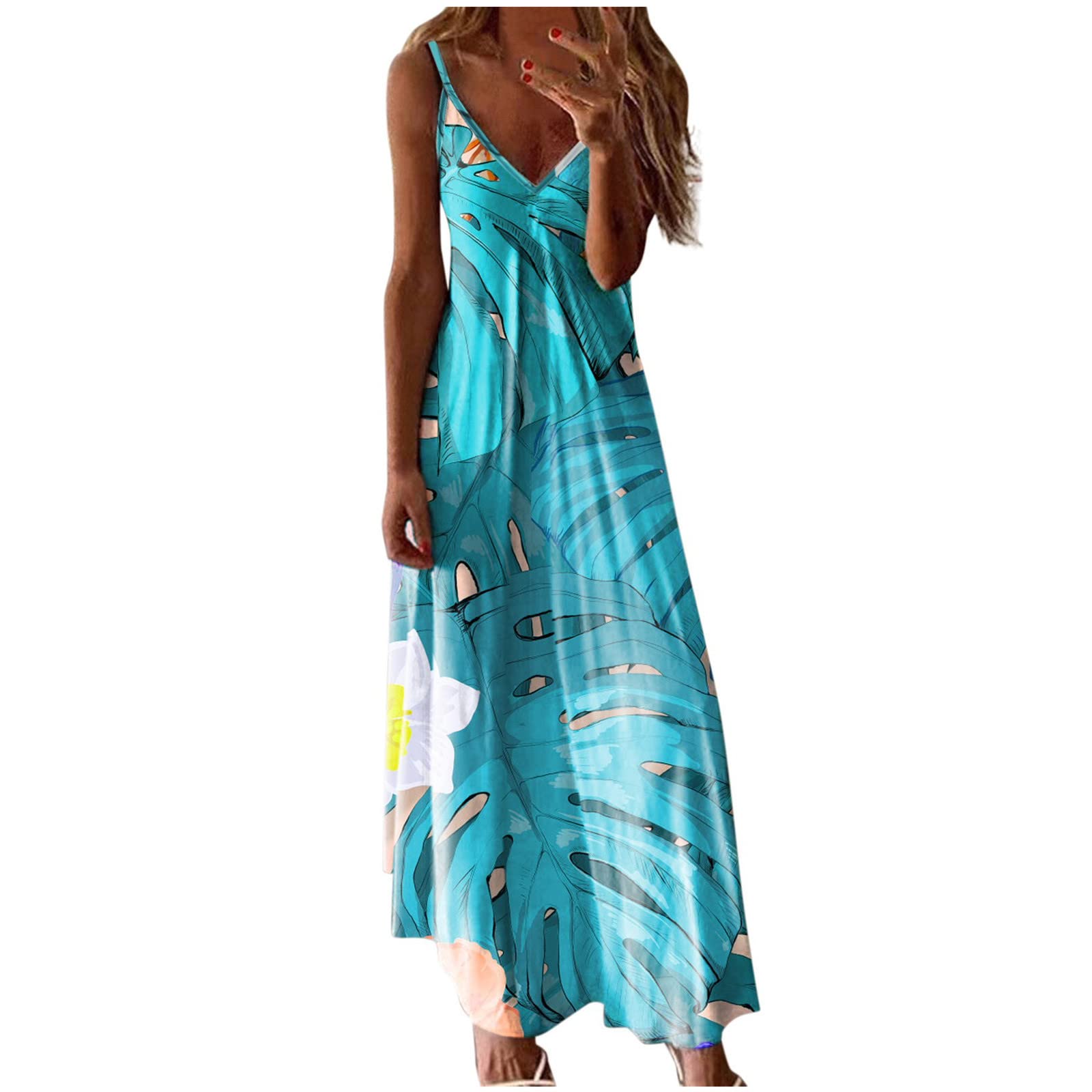 Off Shoulder Dresses for Women Fashion Print Maxi Dress V Neck Sleeveless Summer Long Dress Casual Loose Sundress