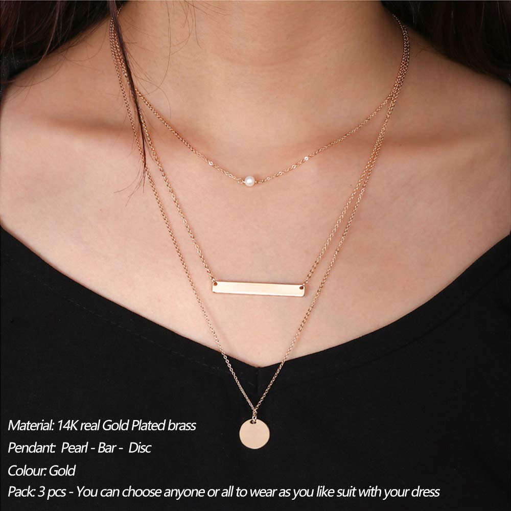 Turandoss Dainty Layered Choker Necklace, Handmade 14K Gold Plated Y Pendant Necklace Multilayer Bar Disc Necklace Adjustable Layering Choker Necklaces for Women