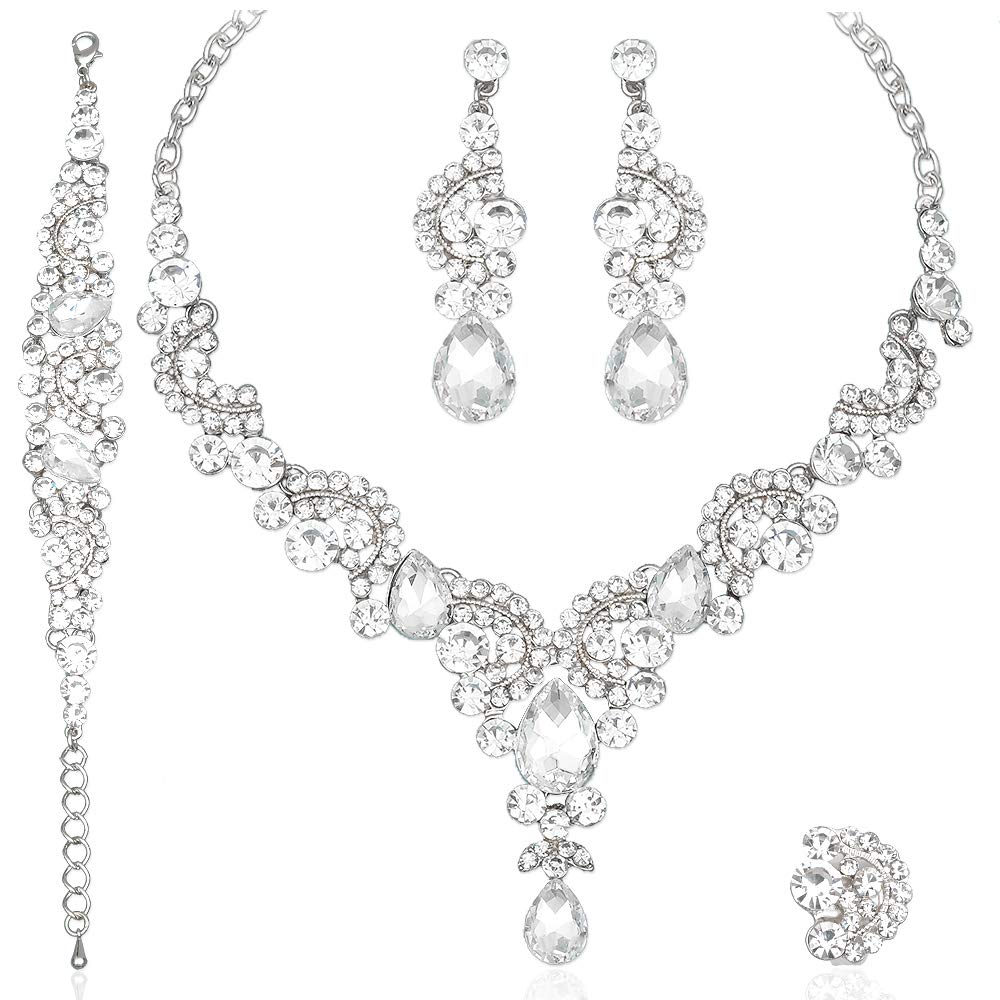 CSY Elegant Crystal Necklace Earrings Bracelet Ring Bridal Wedding Party Costume Jewelry Sets for Brides Women