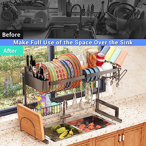 Over Sink Dish Drying Rack (Expandable Height/Length) Snap-On Design Large Dish Drainer Stainless Steel Storage Counter Organizer (24" - 35.5"(L) x 12"(W) x 19" - 22"(H))