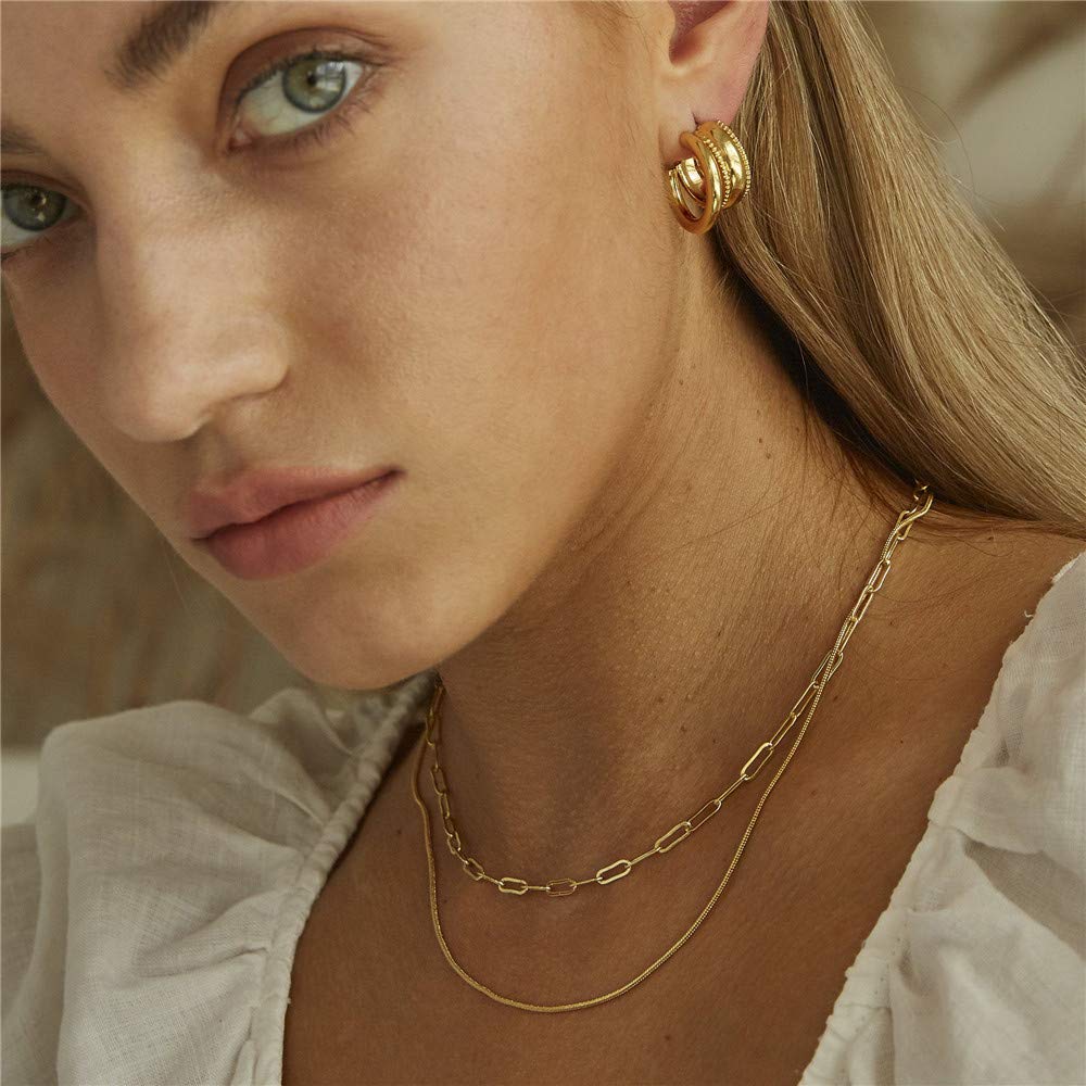 Turandoss Dainty Layered Choker Necklace, Handmade 14K Gold Plated Y Pendant Necklace Multilayer Bar Disc Necklace Adjustable Layering Choker Necklaces for Women