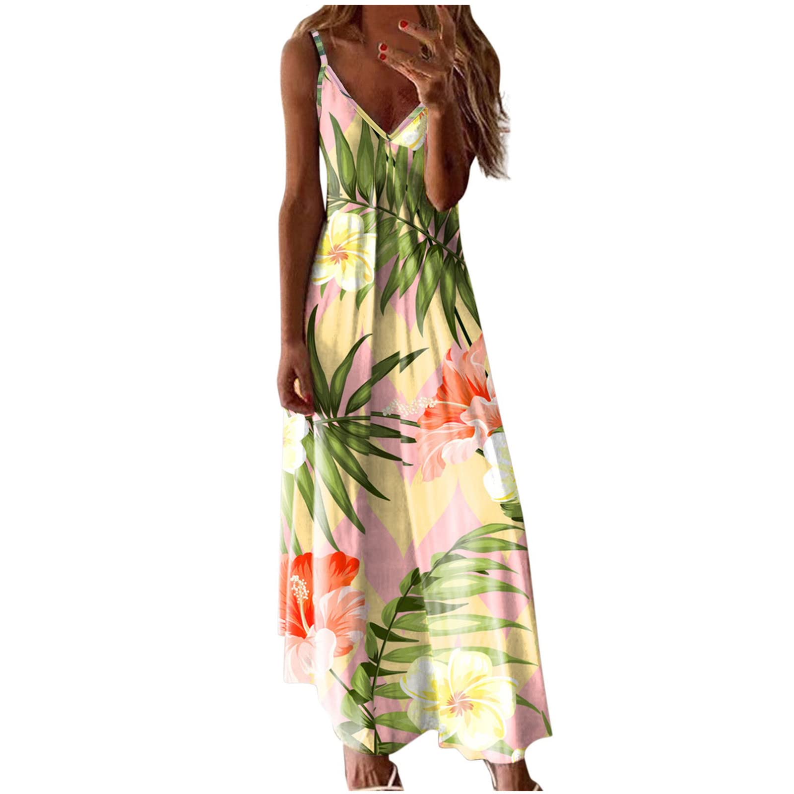 Off Shoulder Dresses for Women Fashion Print Maxi Dress V Neck Sleeveless Summer Long Dress Casual Loose Sundress