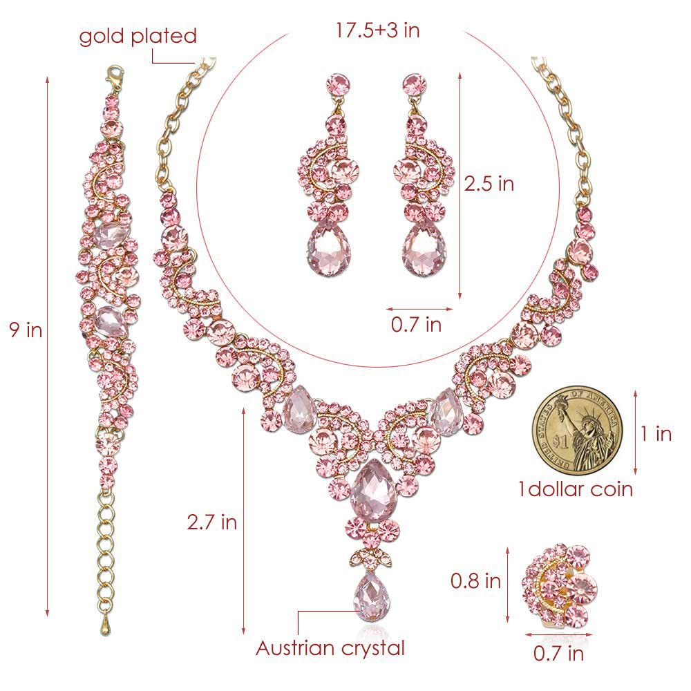 CSY Elegant Crystal Necklace Earrings Bracelet Ring Bridal Wedding Party Costume Jewelry Sets for Brides Women