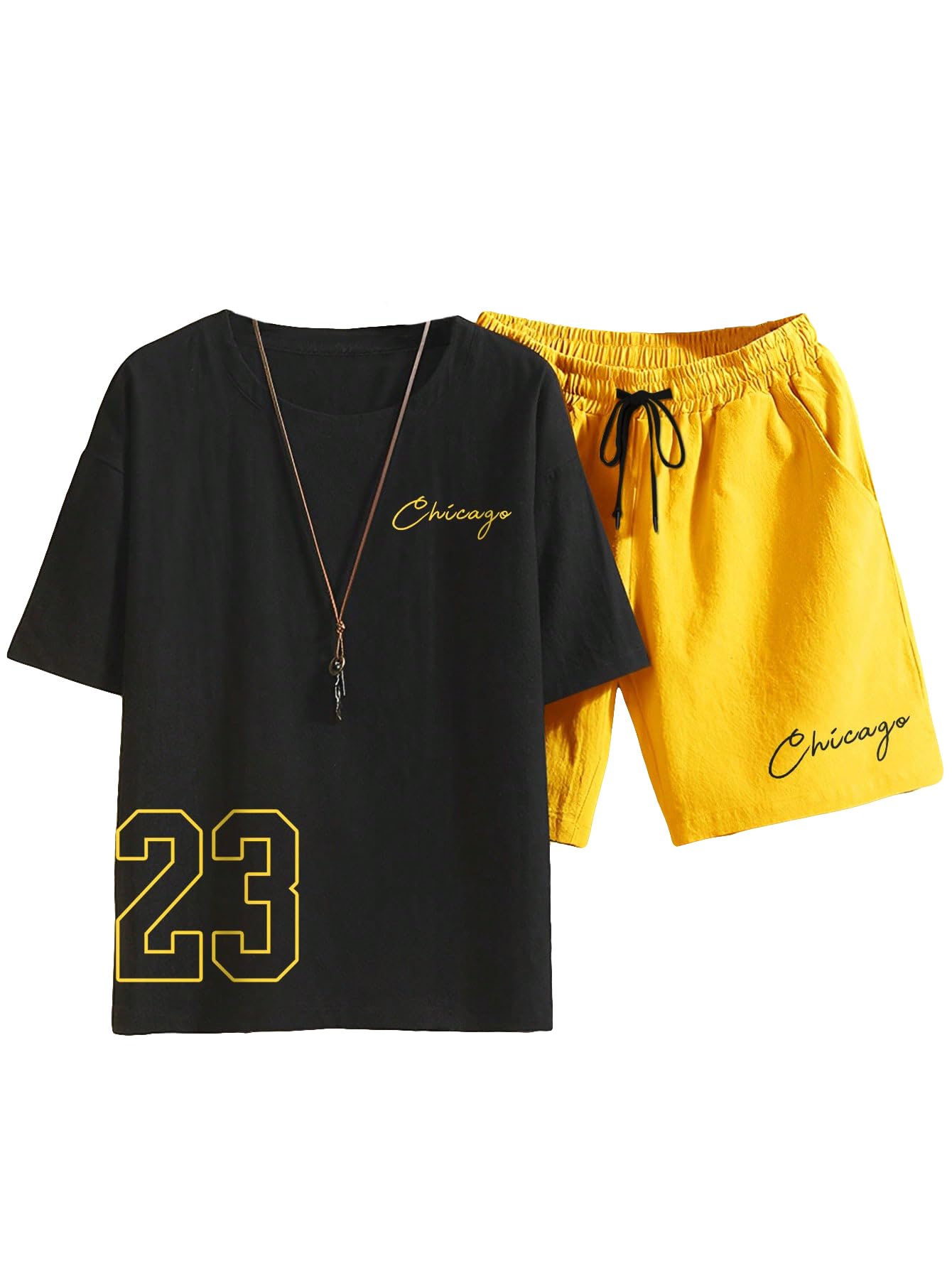 GORGLITTER Men's Casual 2 Piece Outfits Bear Graphic Print Tee and Drawstring Waist Track Shorts Set with Pockets