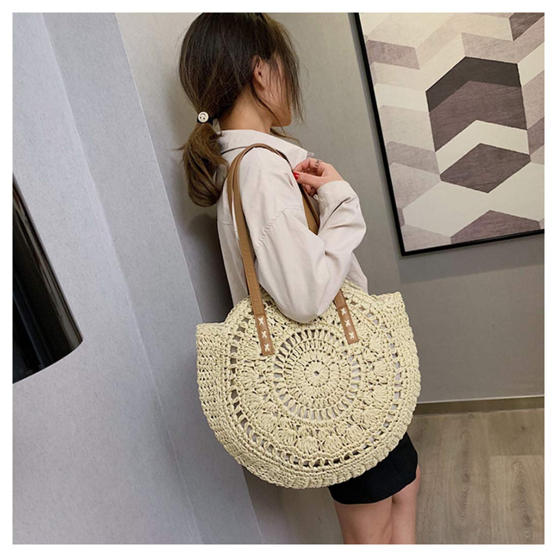 Straw Handbags Women Handwoven Round Corn Straw Bags Natural Chic Hand Large Summer Beach Tote Woven Handle Shoulder Bag