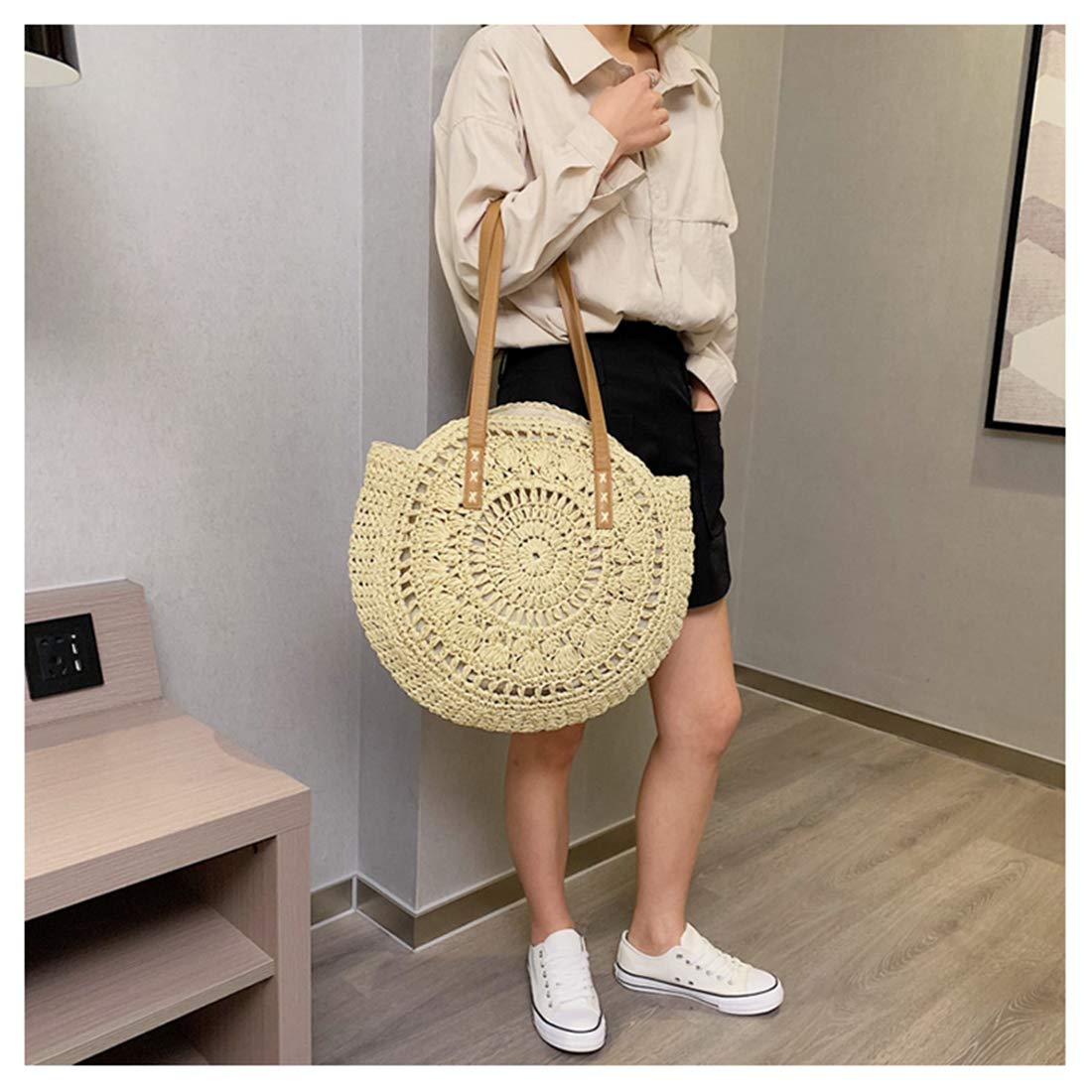 Straw Handbags Women Handwoven Round Corn Straw Bags Natural Chic Hand Large Summer Beach Tote Woven Handle Shoulder Bag