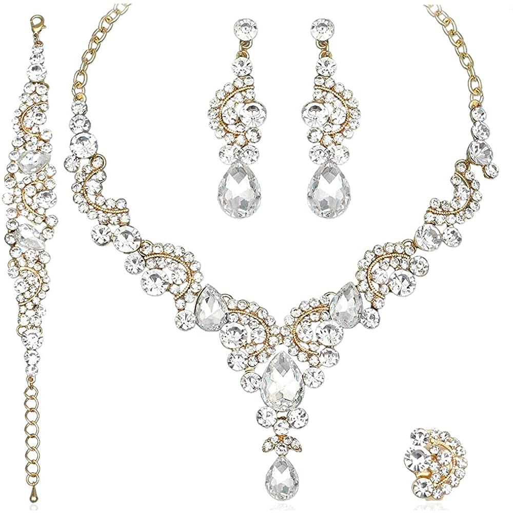 CSY Elegant Crystal Necklace Earrings Bracelet Ring Bridal Wedding Party Costume Jewelry Sets for Brides Women