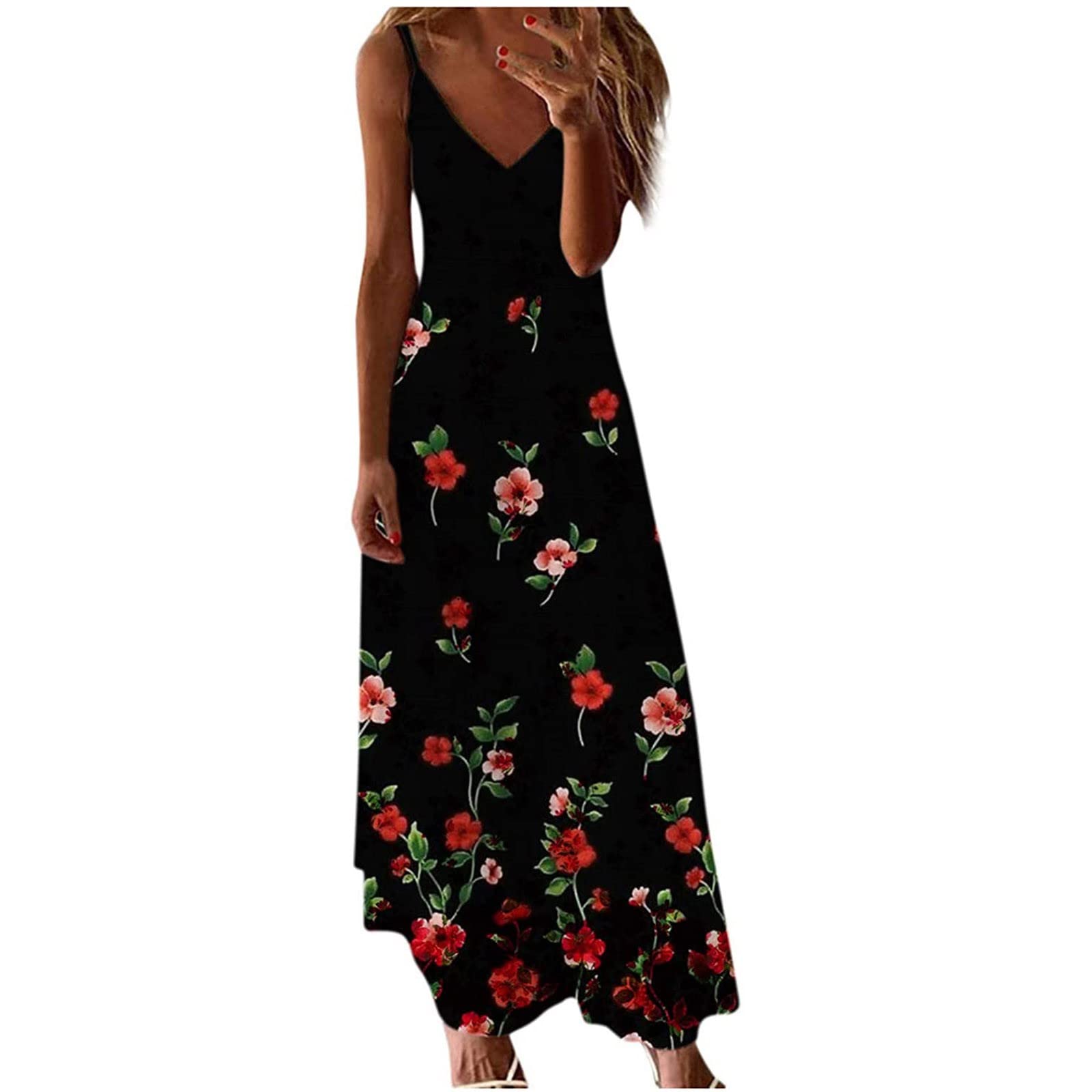 Off Shoulder Dresses for Women Fashion Print Maxi Dress V Neck Sleeveless Summer Long Dress Casual Loose Sundress