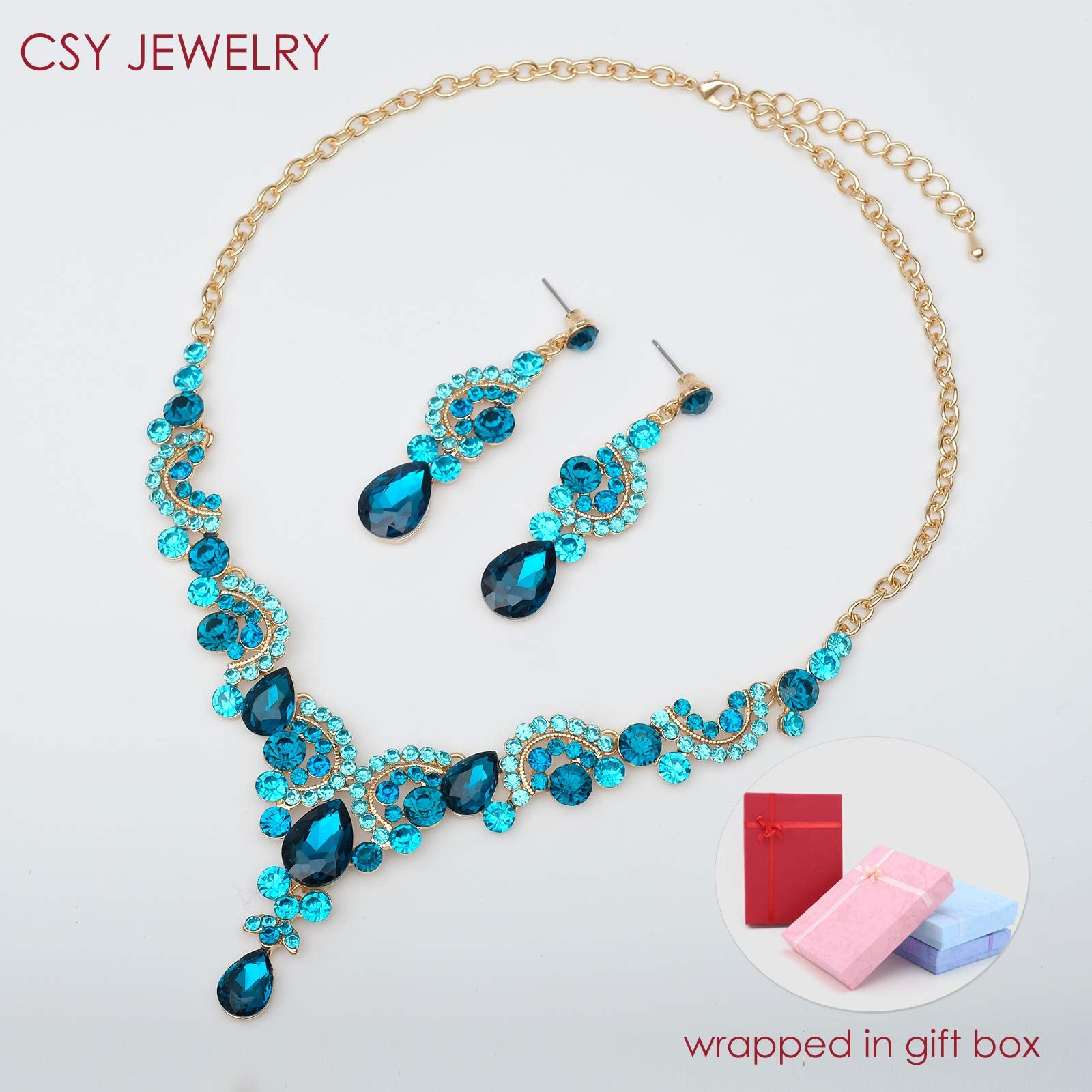 CSY Elegant Crystal Necklace Earrings Bracelet Ring Bridal Wedding Party Costume Jewelry Sets for Brides Women